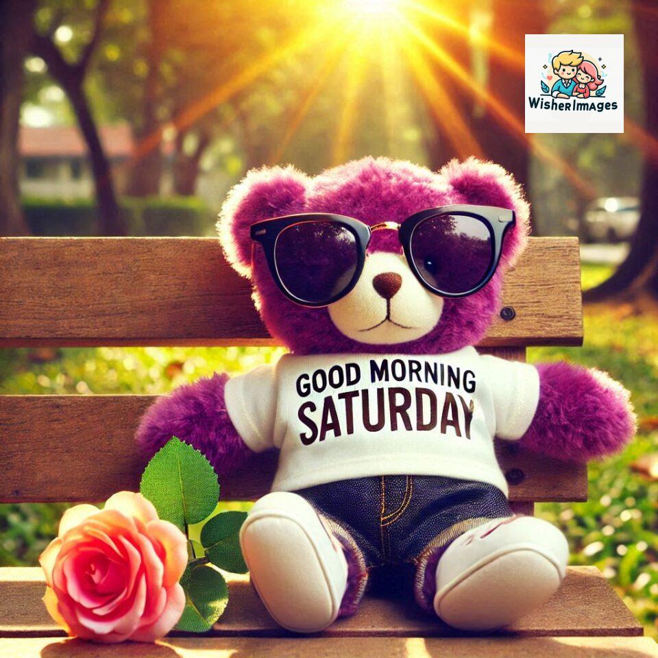 200+ Good morning Saturday free whatsapp images download 188 Good morning Saturday free whatsapp images download A cute teddy bear reclining on a wooden bench An orange flower rests on the bench ()