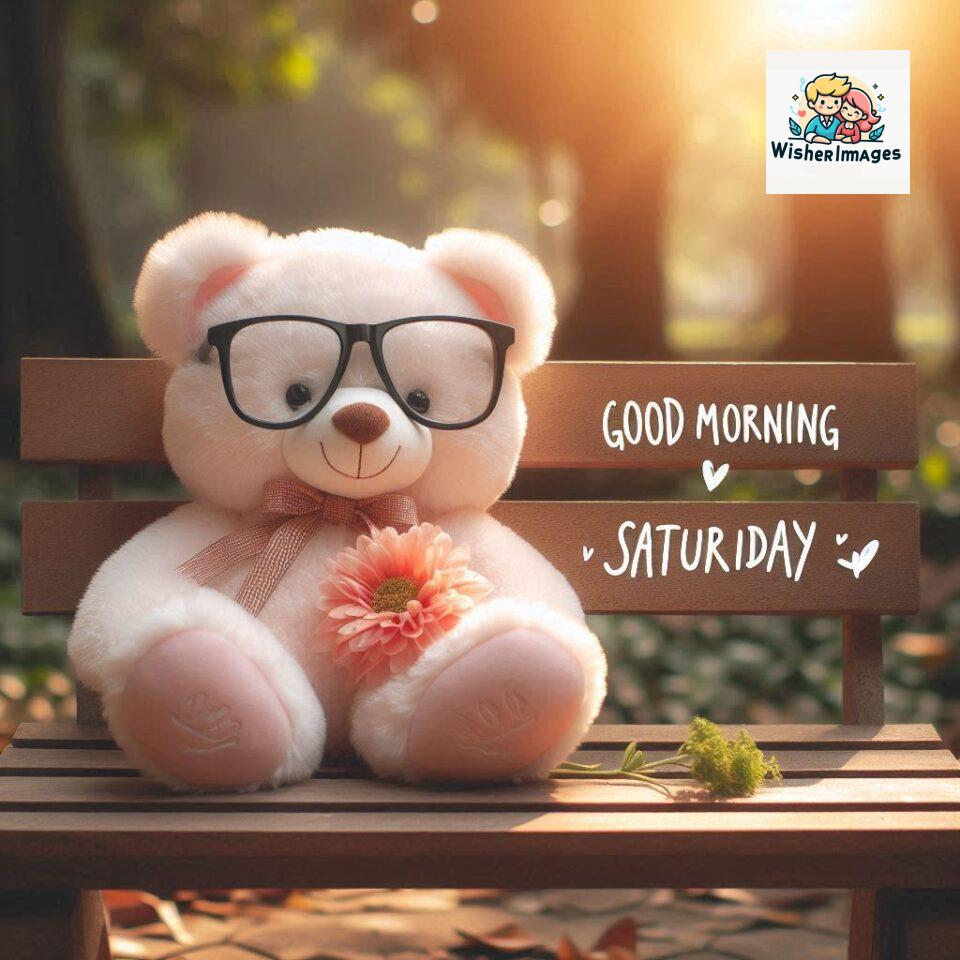 200+ Good morning Saturday free whatsapp images download 60 Good morning Saturday free whatsapp images download A cute teddy bear reclining on a wooden bench An orange flower rests on the bench ()