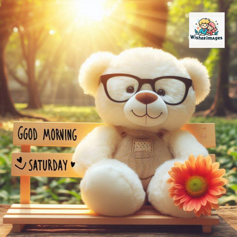 200+ Good morning Saturday free whatsapp images download 7 Good morning Saturday free whatsapp images download A cute teddy bear reclining on a wooden bench An orange flower rests on the bench ()