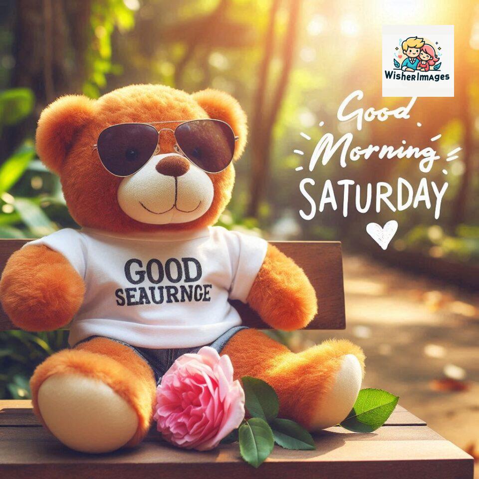 200+ Good morning Saturday free whatsapp images download 156 Good morning Saturday free whatsapp images download A cute teddy bear reclining on a wooden bench An orange flower rests on the bench ()