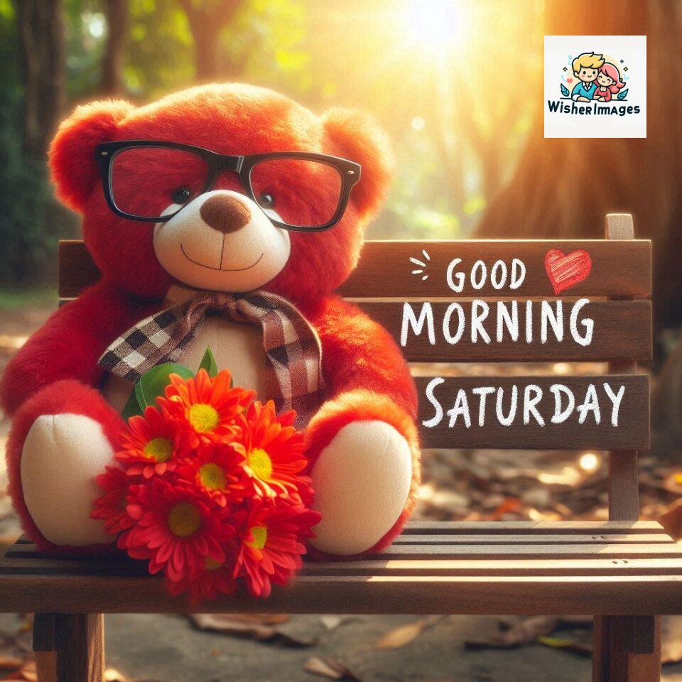 200+ Good morning Saturday free whatsapp images download 49 Good morning Saturday free whatsapp images download A cute teddy bear reclining on a wooden bench An orange flower rests on the bench ()