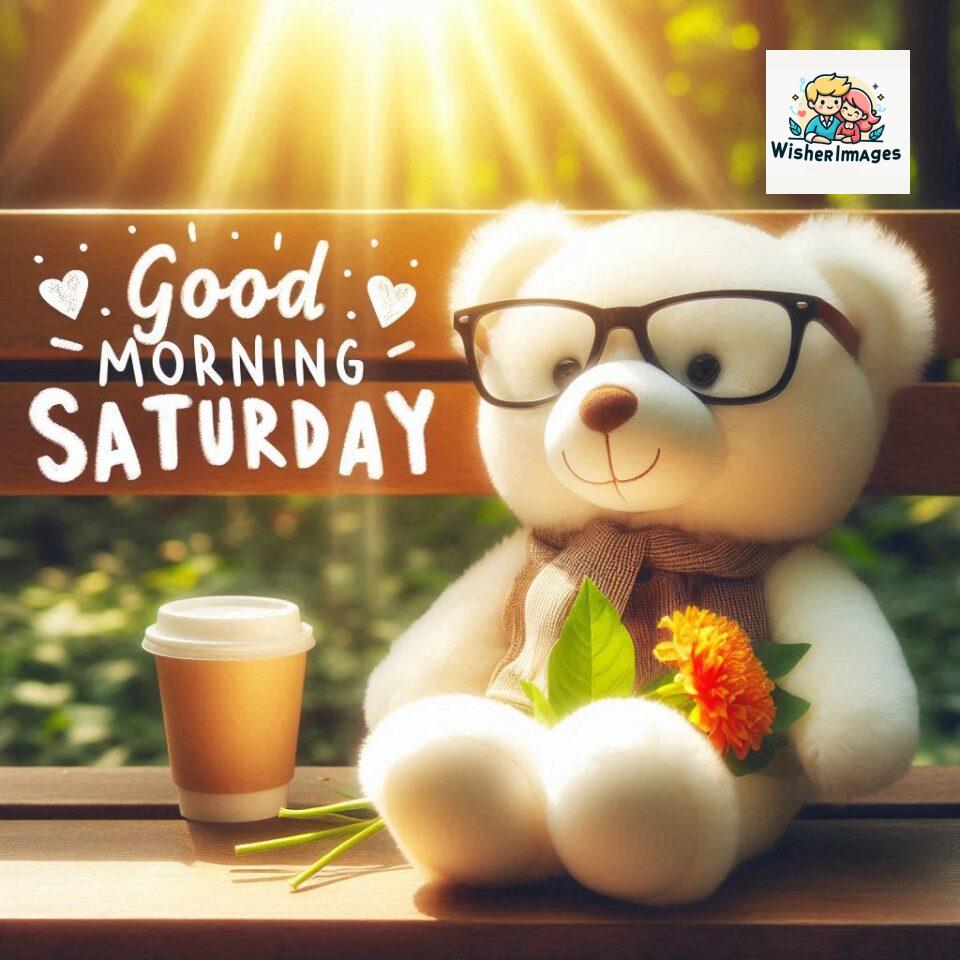 200+ Good morning Saturday free whatsapp images download 39 Good morning Saturday free whatsapp images download A cute teddy bear reclining on a wooden bench An orange flower rests on the bench ()