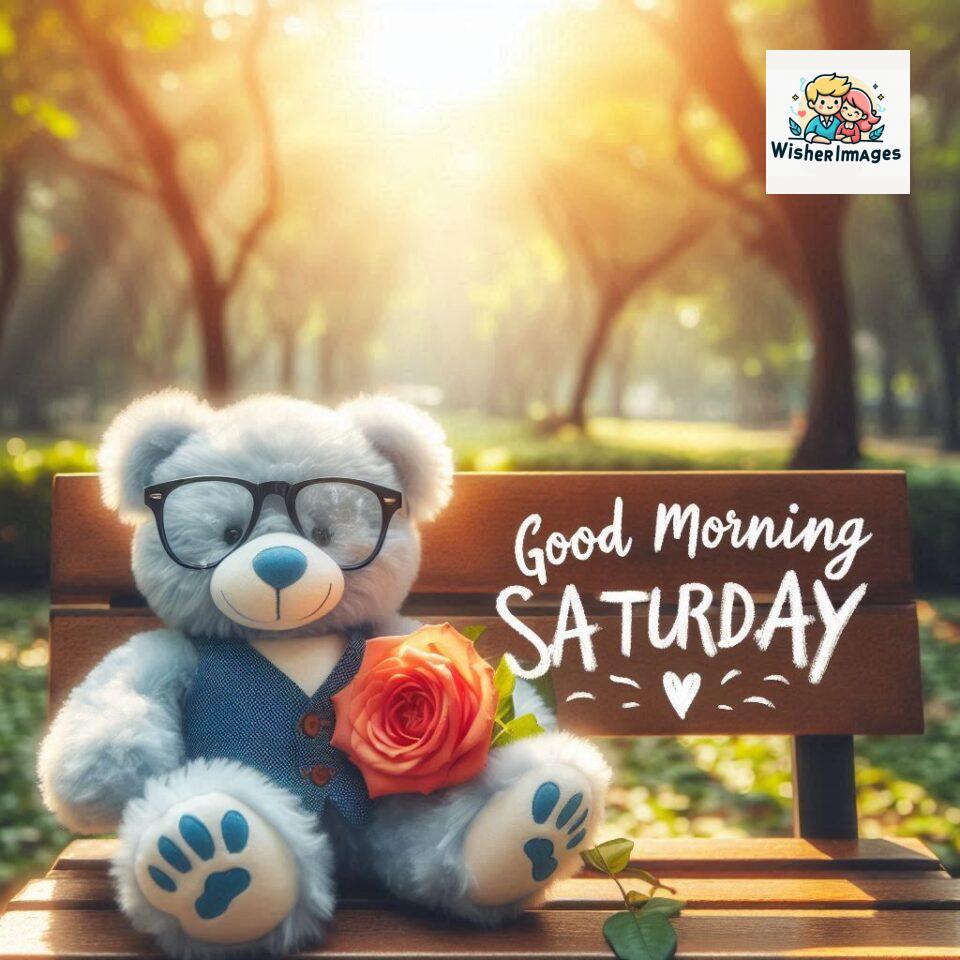 200+ Good morning Saturday free whatsapp images download 101 Good morning Saturday free whatsapp images download A cute teddy bear reclining on a wooden bench An orange flower rests on the bench ()