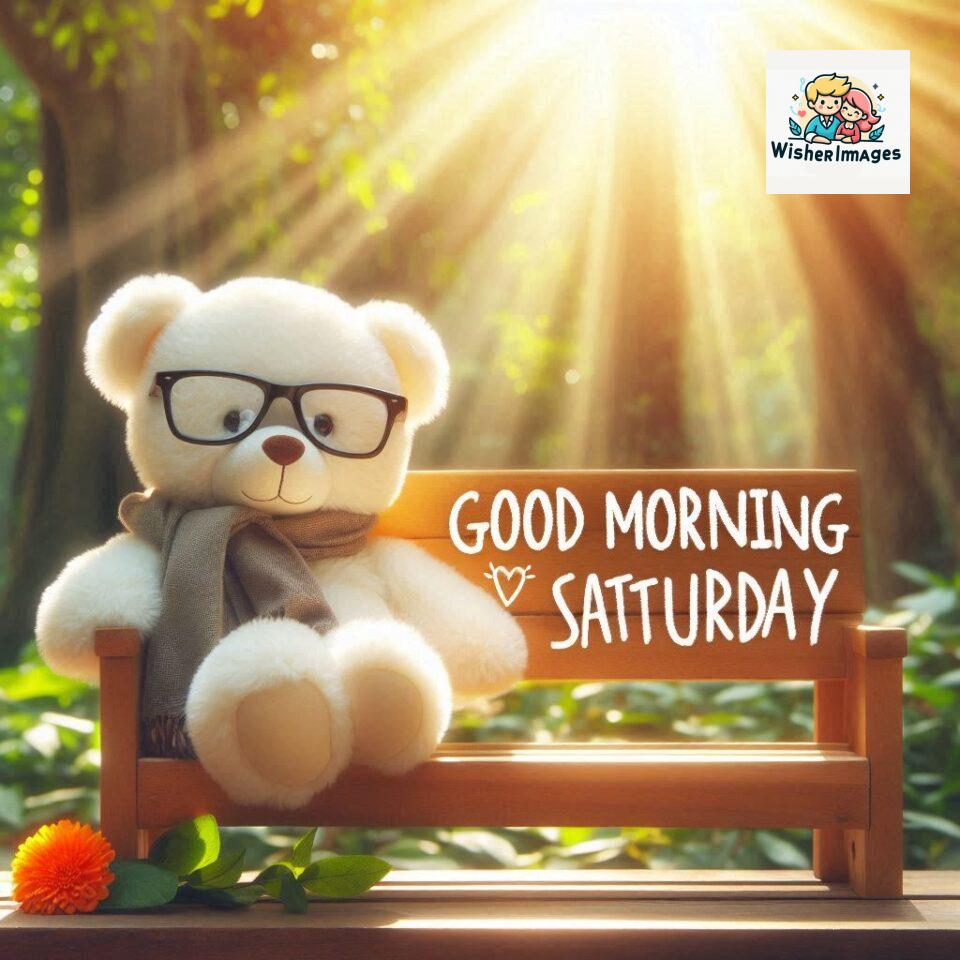 200+ Good morning Saturday free whatsapp images download 18 Good morning Saturday free whatsapp images download A cute teddy bear reclining on a wooden bench An orange flower rests on the bench ()