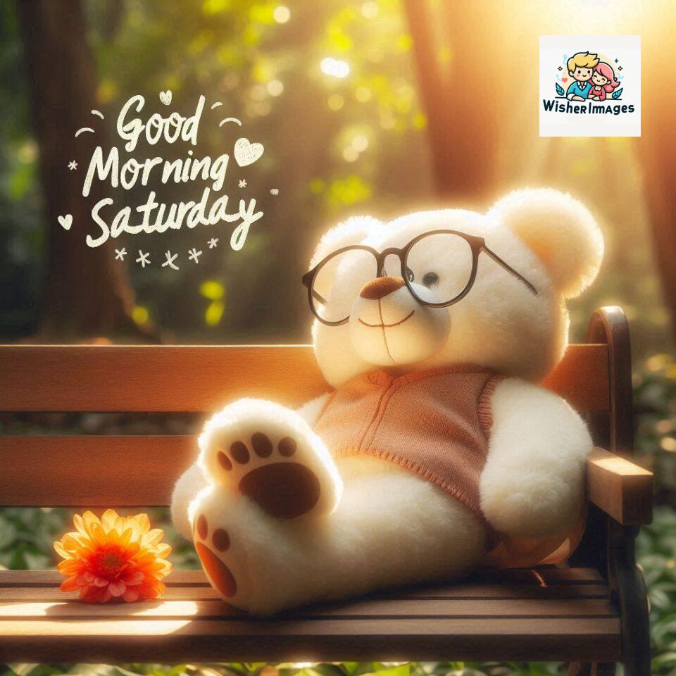 200+ Good morning Saturday free whatsapp images download 16 Good morning Saturday free whatsapp images download A cute teddy bear reclining on a wooden bench An orange flower rests on the bench ()