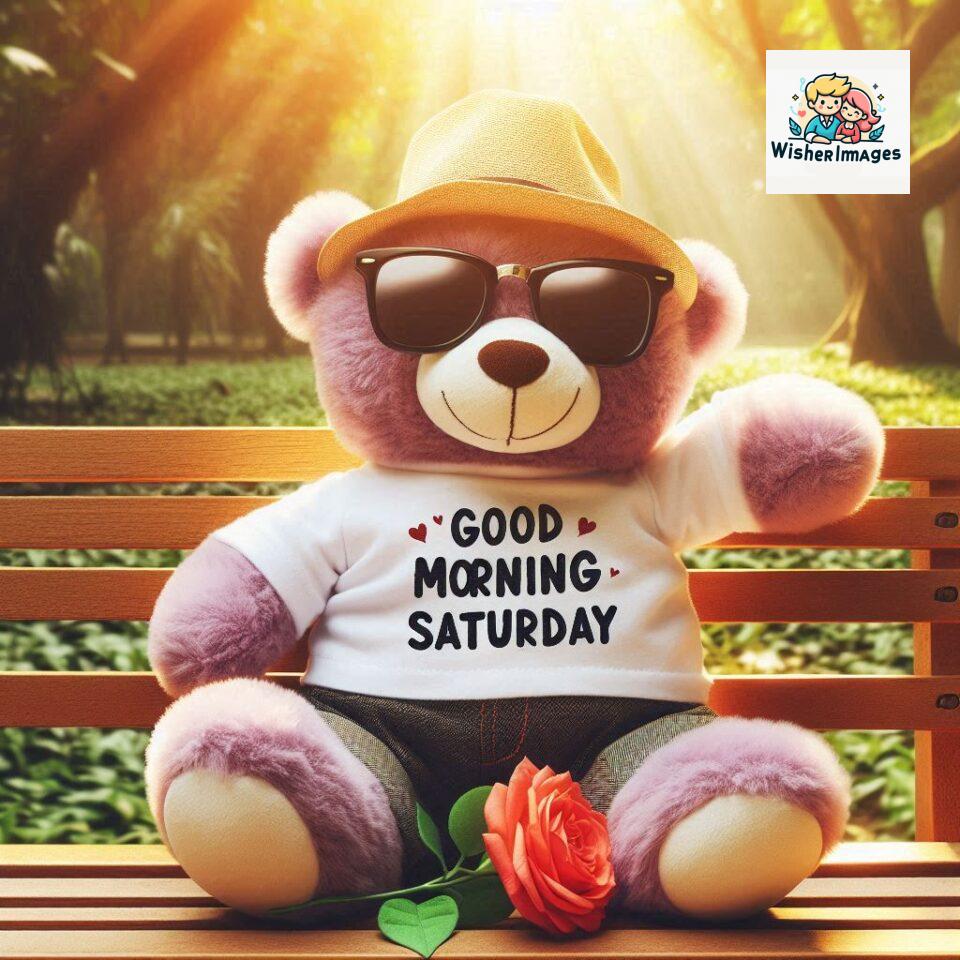 200+ Good morning Saturday free whatsapp images download 155 Good morning Saturday free whatsapp images download A cute teddy bear reclining on a wooden bench An orange flower rests on the bench ()