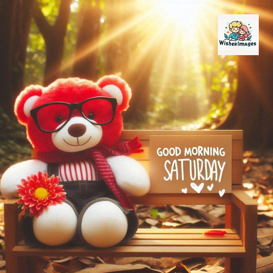 200+ Good morning Saturday free whatsapp images download 56 Good morning Saturday free whatsapp images download A cute teddy bear reclining on a wooden bench An orange flower rests on the bench ()