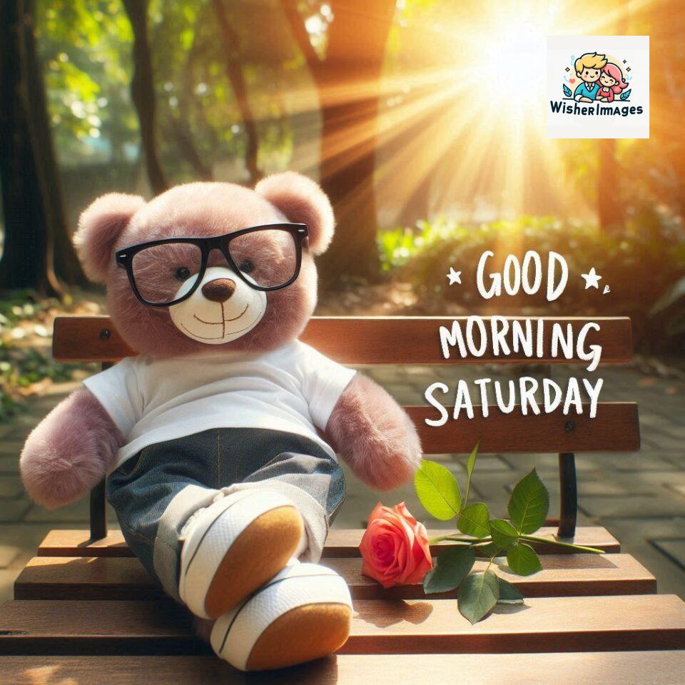 200+ Good morning Saturday free whatsapp images download 176 Good morning Saturday free whatsapp images download A cute teddy bear reclining on a wooden bench An orange flower rests on the bench ()