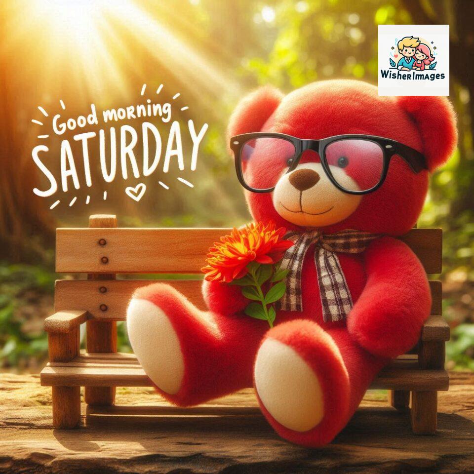 200+ Good morning Saturday free whatsapp images download 52 Good morning Saturday free whatsapp images download A cute teddy bear reclining on a wooden bench An orange flower rests on the bench ()