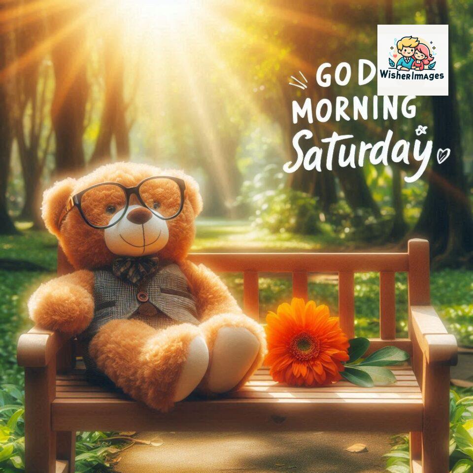 200+ Good morning Saturday free whatsapp images download 8 Good morning Saturday free whatsapp images download A cute teddy bear reclining on a wooden bench An orange flower rests on the bench ()