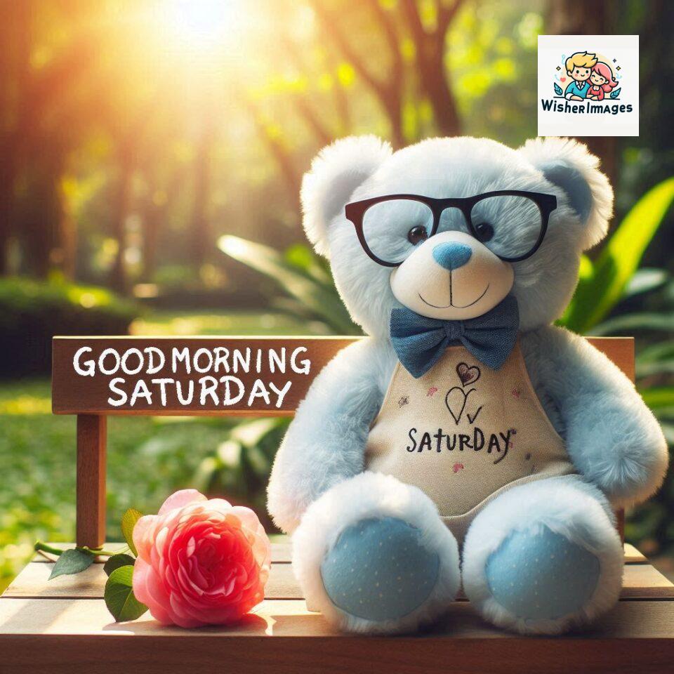 200+ Good morning Saturday free whatsapp images download 90 Good morning Saturday free whatsapp images download A cute teddy bear reclining on a wooden bench An orange flower rests on the bench ()