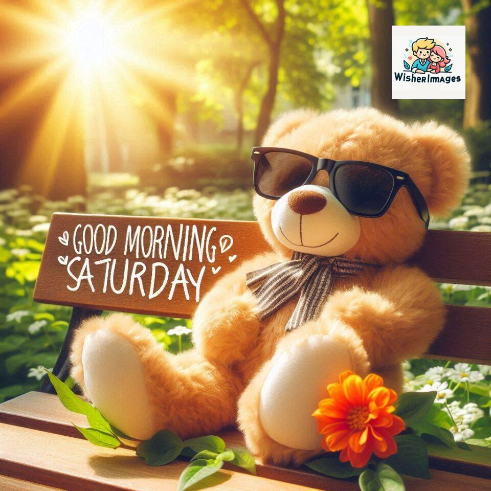 200+ Good morning Saturday free whatsapp images download 30 Good morning Saturday free whatsapp images download A cute teddy bear reclining on a wooden bench An orange flower rests on the bench ()