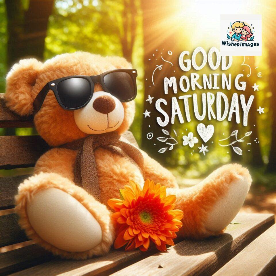 200+ Good morning Saturday free whatsapp images download 24 Good morning Saturday free whatsapp images download A cute teddy bear reclining on a wooden bench An orange flower rests on the bench ()