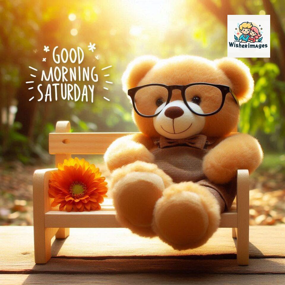 200+ Good morning Saturday free whatsapp images download 13 Good morning Saturday free whatsapp images download A cute teddy bear reclining on a wooden bench An orange flower rests on the bench ()