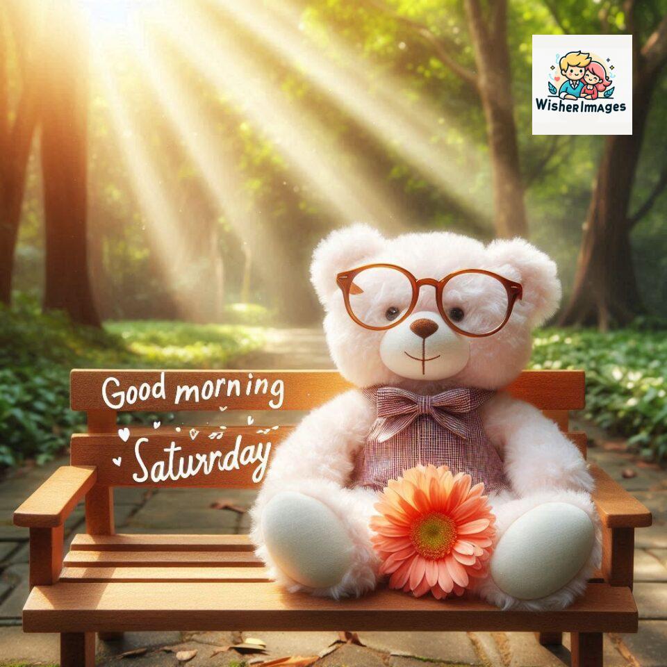 200+ Good morning Saturday free whatsapp images download 74 Good morning Saturday free whatsapp images download A cute teddy bear reclining on a wooden bench An orange flower rests on the bench ()