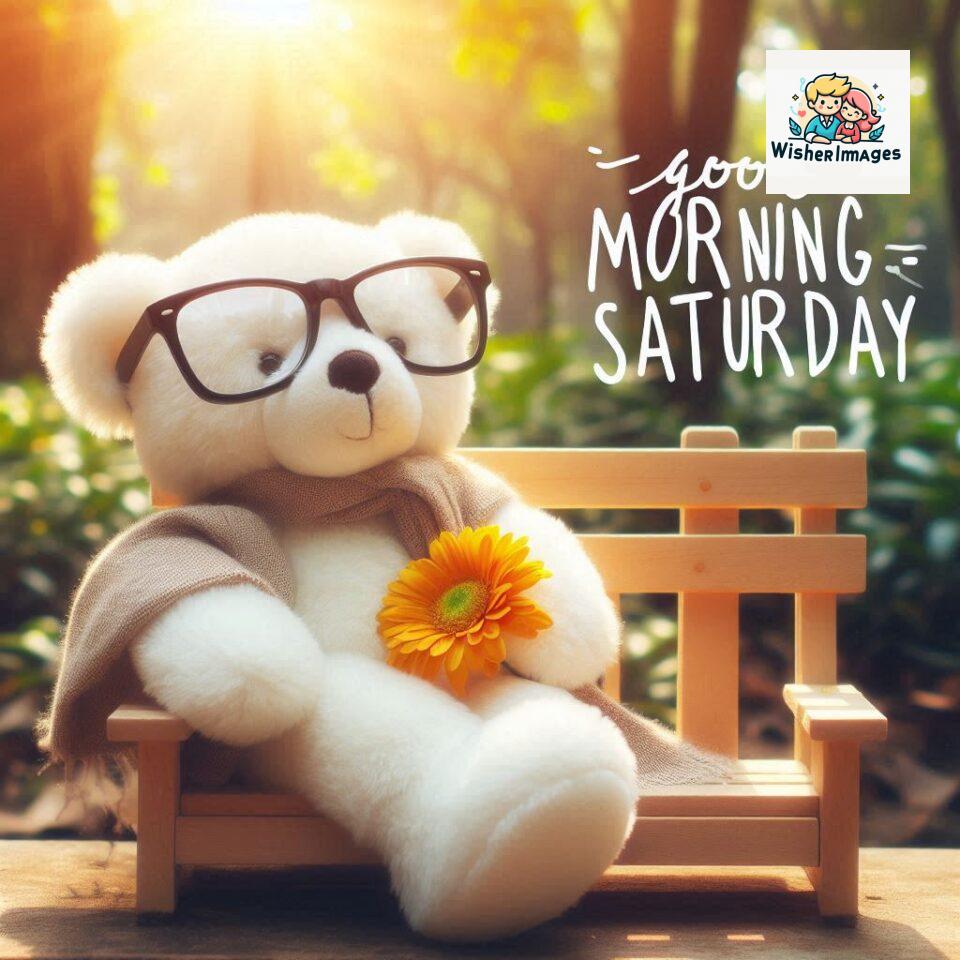 200+ Good morning Saturday free whatsapp images download 23 Good morning Saturday free whatsapp images download A cute teddy bear reclining on a wooden bench An orange flower rests on the bench ()