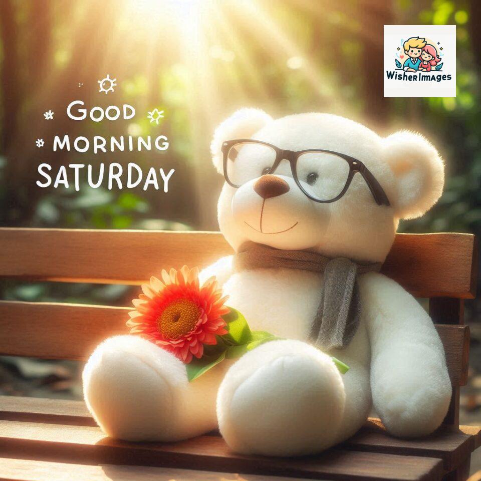 200+ Good morning Saturday free whatsapp images download 37 Good morning Saturday free whatsapp images download A cute teddy bear reclining on a wooden bench An orange flower rests on the bench ()