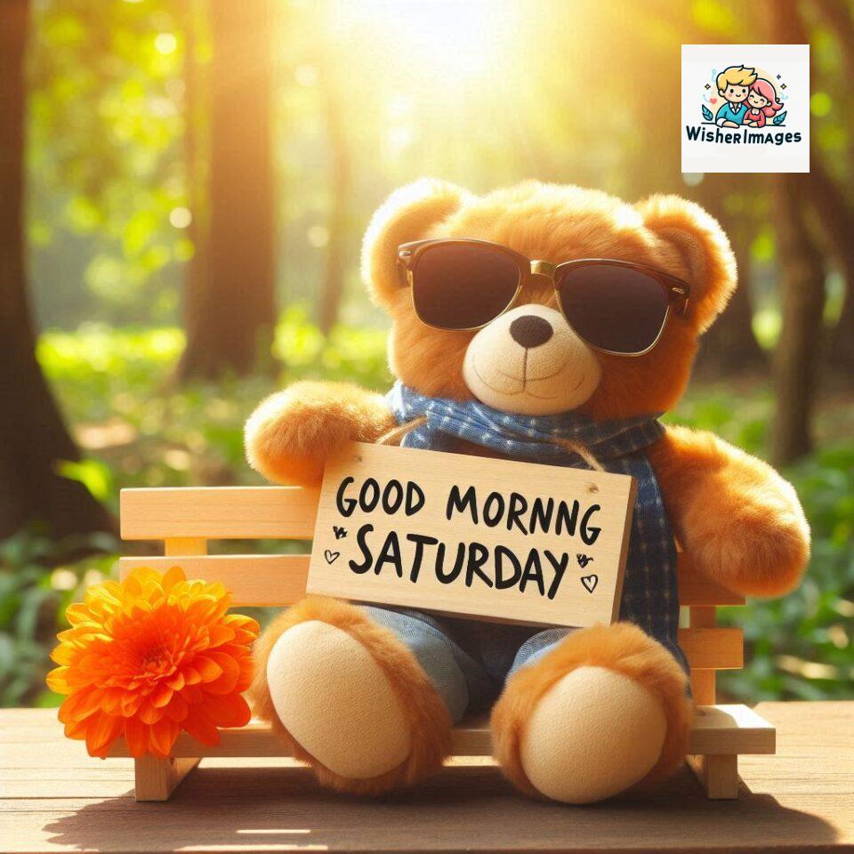 200+ Good morning Saturday free whatsapp images download 26 Good morning Saturday free whatsapp images download A cute teddy bear reclining on a wooden bench An orange flower rests on the bench ()