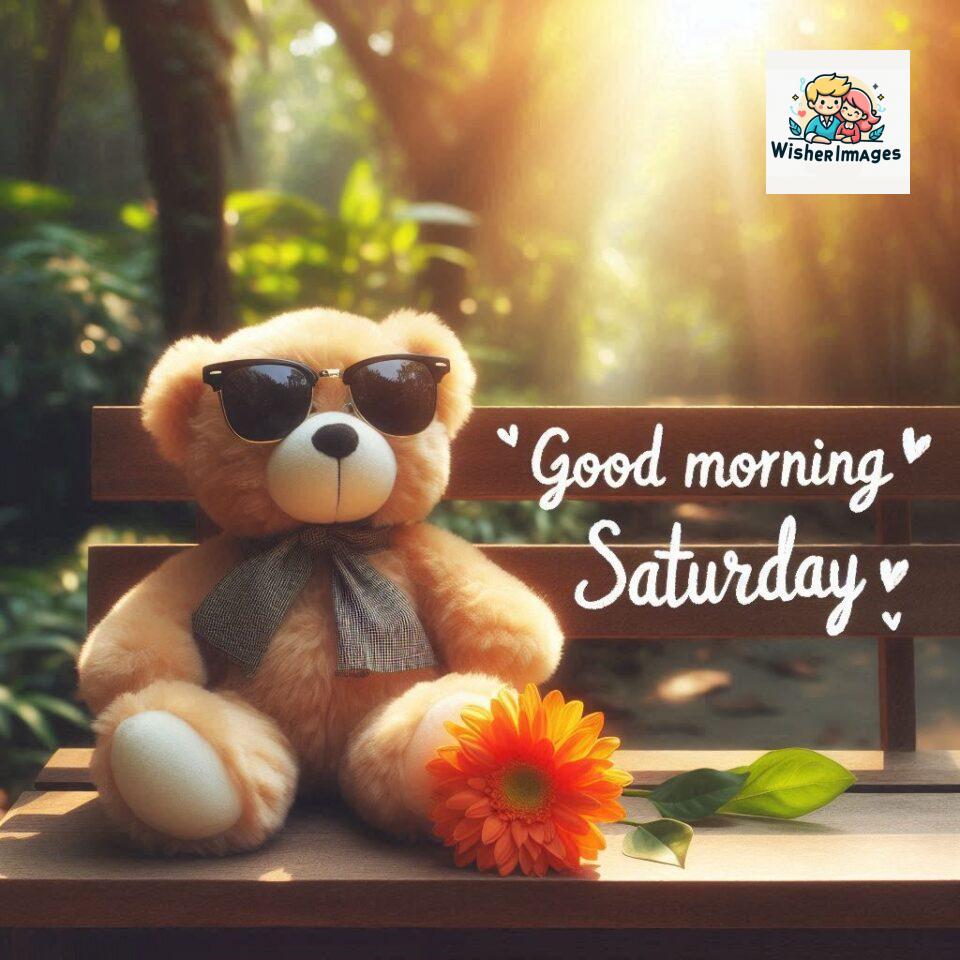 200+ Good morning Saturday free whatsapp images download 32 Good morning Saturday free whatsapp images download A cute teddy bear reclining on a wooden bench An orange flower rests on the bench ()