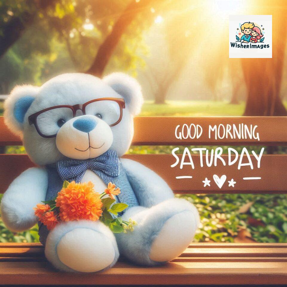 200+ Good morning Saturday free whatsapp images download 83 Good morning Saturday free whatsapp images download A cute teddy bear reclining on a wooden bench An orange flower rests on the bench ()