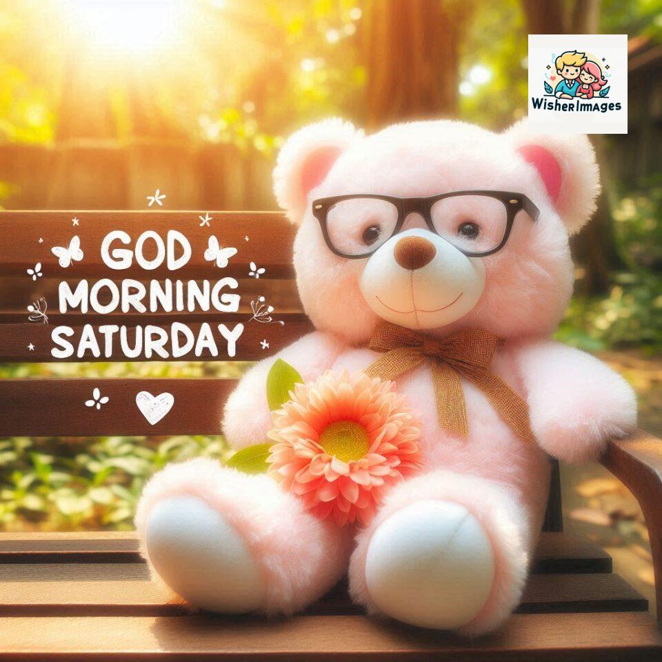 200+ Good morning Saturday free whatsapp images download 75 Good morning Saturday free whatsapp images download A cute teddy bear reclining on a wooden bench An orange flower rests on the bench ()