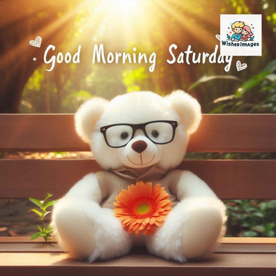 200+ Good morning Saturday free whatsapp images download 19 Good morning Saturday free whatsapp images download A cute teddy bear reclining on a wooden bench An orange flower rests on the bench ()