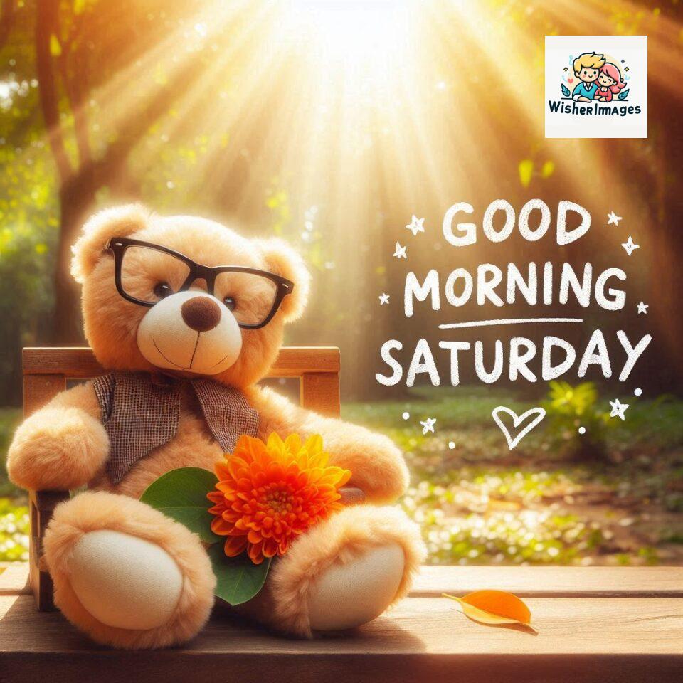 200+ Good morning Saturday free whatsapp images download 36 Good morning Saturday free whatsapp images download A cute teddy bear reclining on a wooden bench An orange flower rests on the bench ()