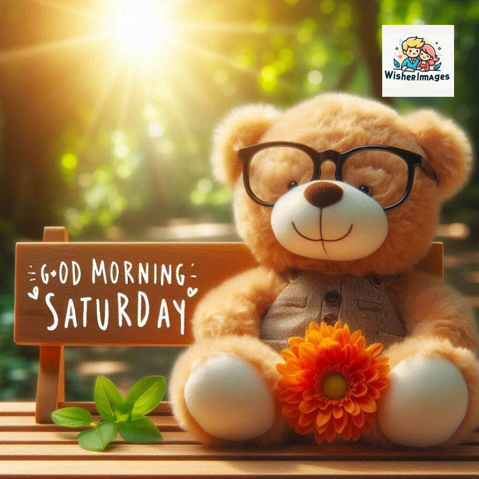 200+ Good morning Saturday free whatsapp images download 10 Good morning Saturday free whatsapp images download A cute teddy bear reclining on a wooden bench An orange flower rests on the bench ()