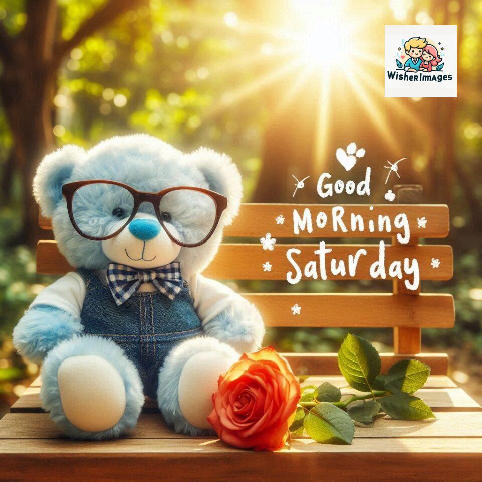 200+ Good morning Saturday free whatsapp images download 99 Good morning Saturday free whatsapp images download A cute teddy bear reclining on a wooden bench An orange flower rests on the bench ()