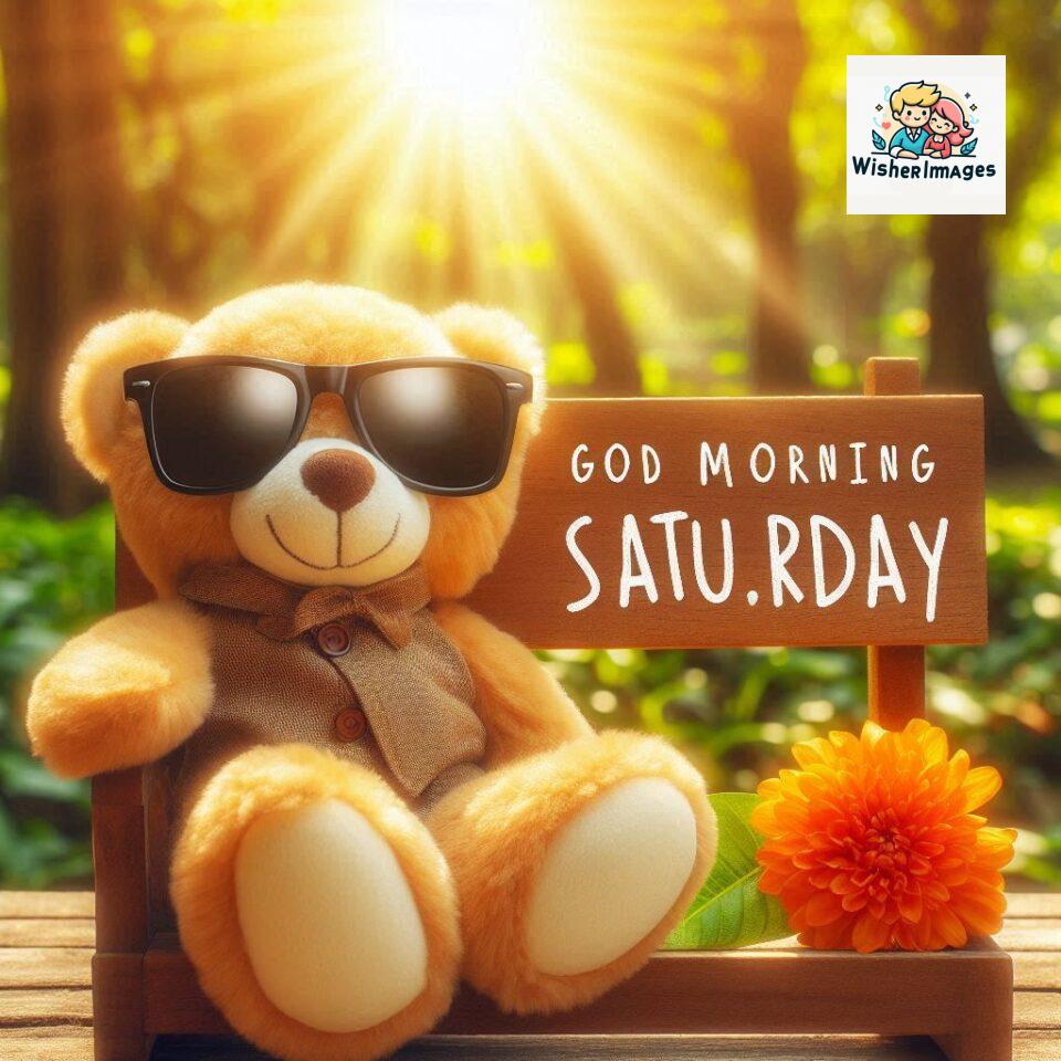 200+ Good morning Saturday free whatsapp images download 31 Good morning Saturday free whatsapp images download A cute teddy bear reclining on a wooden bench An orange flower rests on the bench ()