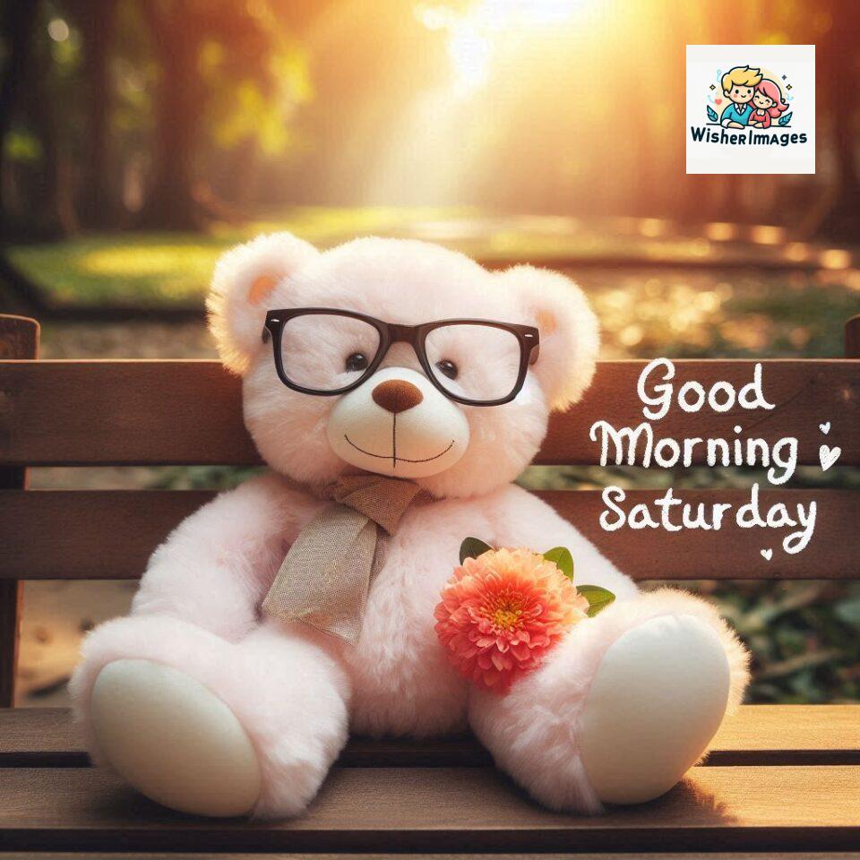 200+ Good morning Saturday free whatsapp images download 59 Good morning Saturday free whatsapp images download A cute teddy bear reclining on a wooden bench An orange flower rests on the bench ()