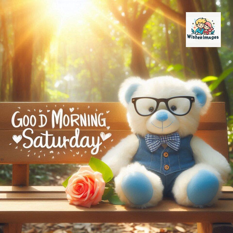 200+ Good morning Saturday free whatsapp images download 96 Good morning Saturday free whatsapp images download A cute teddy bear reclining on a wooden bench An orange flower rests on the bench ()