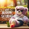 Good morning Saturday free whatsapp images download A cute teddy bear reclining on a wooden bench An orange flower rests on the bench ()