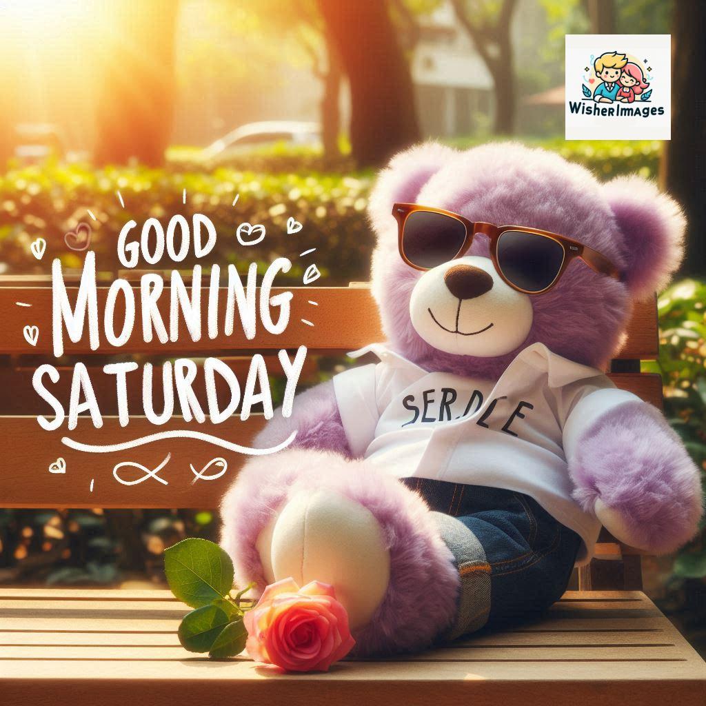 Good morning Saturday free whatsapp images download A cute teddy bear reclining on a wooden bench An orange flower rests on the bench ()