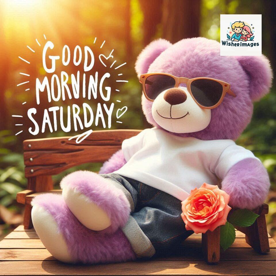 200+ Good morning Saturday free whatsapp images download 180 Good morning Saturday free whatsapp images download A cute teddy bear reclining on a wooden bench An orange flower rests on the bench ()