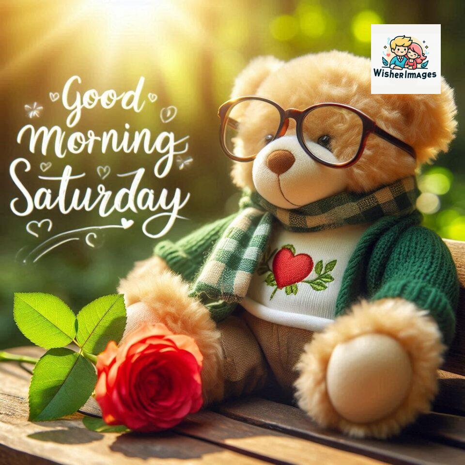 200+ Good morning Saturday free whatsapp images download 123 Good morning Saturday free whatsapp images download A cute teddy bear reclining on a wooden bench An orange flower rests on the bench ()