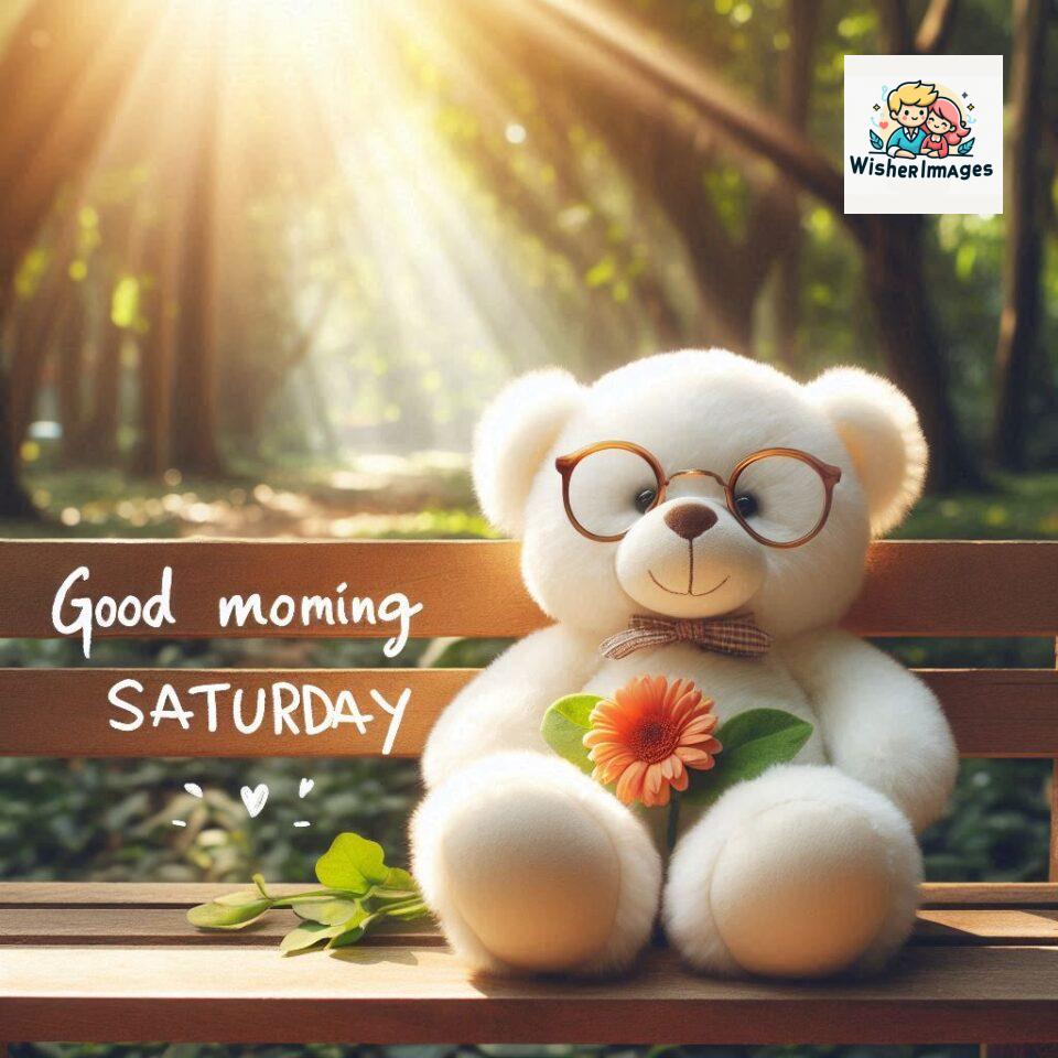 200+ Good morning Saturday free whatsapp images download 4 Good morning Saturday free whatsapp images download A cute teddy bear reclining on a wooden bench An orange flower rests on the bench ()
