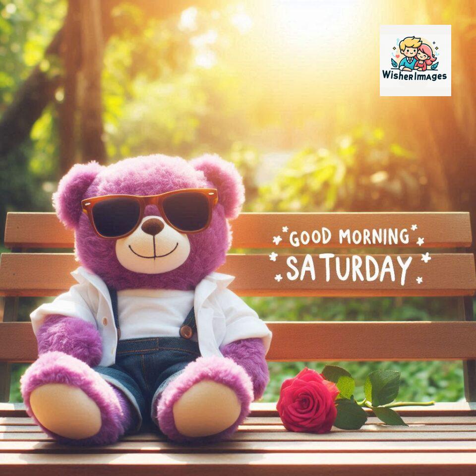 200+ Good morning Saturday free whatsapp images download 145 Good morning Saturday free whatsapp images download A cute teddy bear reclining on a wooden bench An orange flower rests on the bench ()