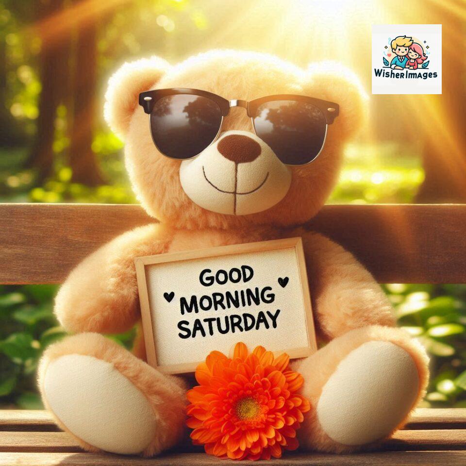 200+ Good morning Saturday free whatsapp images download 27 Good morning Saturday free whatsapp images download A cute teddy bear reclining on a wooden bench An orange flower rests on the bench ()