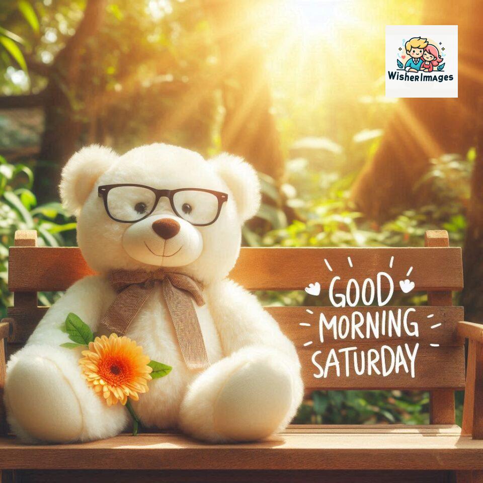 200+ Good morning Saturday free whatsapp images download 41 Good morning Saturday free whatsapp images download A cute teddy bear reclining on a wooden bench An orange flower rests on the bench ()