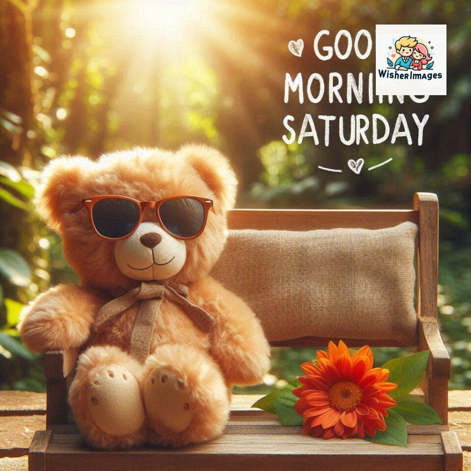 200+ Good morning Saturday free whatsapp images download 35 Good morning Saturday free whatsapp images download A cute teddy bear reclining on a wooden bench An orange flower rests on the bench ()