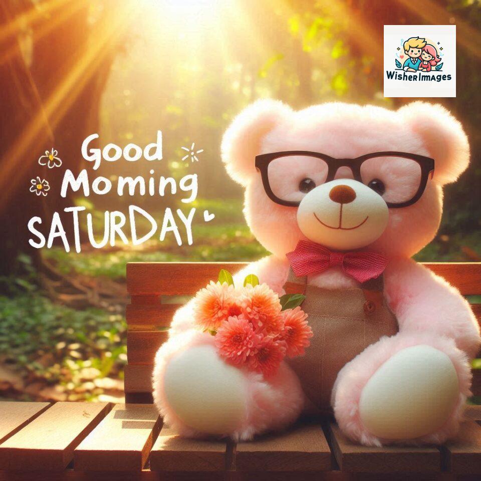 200+ Good morning Saturday free whatsapp images download 65 Good morning Saturday free whatsapp images download A cute teddy bear reclining on a wooden bench An orange flower rests on the bench ()