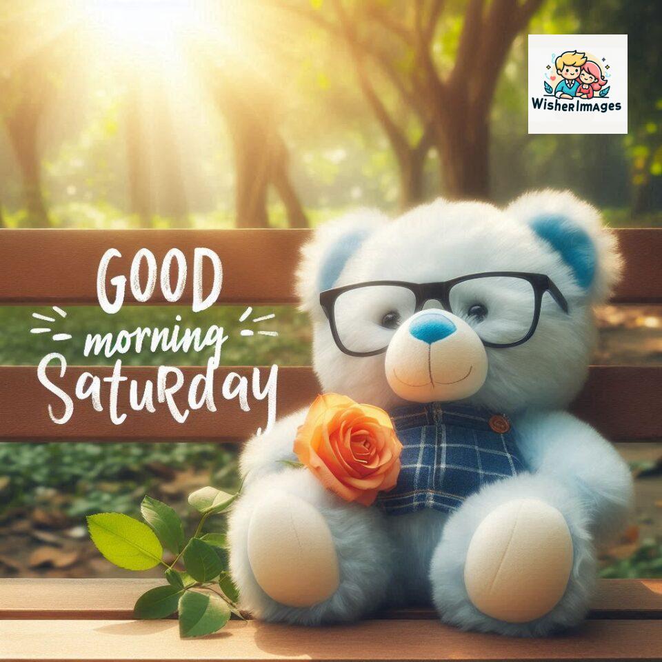 200+ Good morning Saturday free whatsapp images download 100 Good morning Saturday free whatsapp images download A cute teddy bear reclining on a wooden bench An orange flower rests on the bench ()