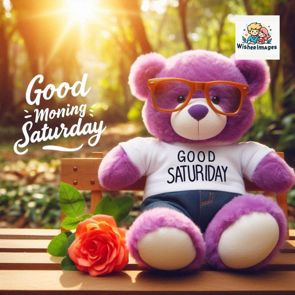 200+ Good morning Saturday free whatsapp images download 165 Good morning Saturday free whatsapp images download A cute teddy bear reclining on a wooden bench An orange flower rests on the bench ()