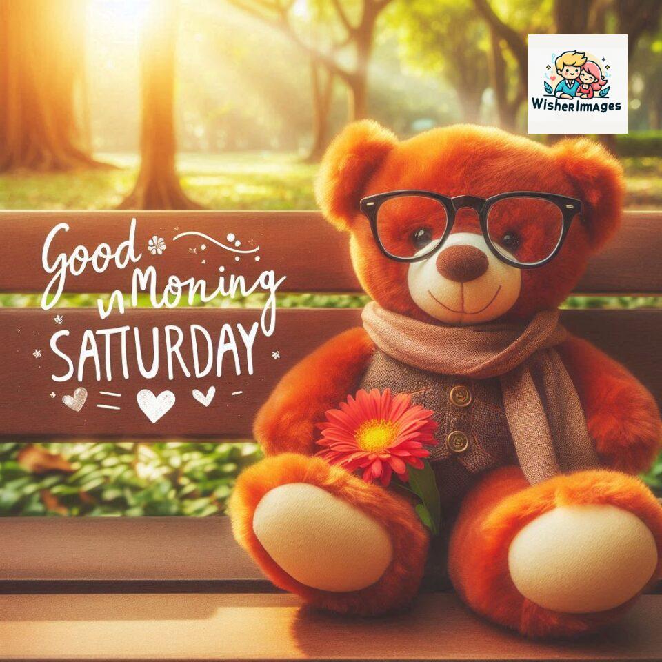 200+ Good morning Saturday free whatsapp images download 48 Good morning Saturday free whatsapp images download A cute teddy bear reclining on a wooden bench An orange flower rests on the bench ()