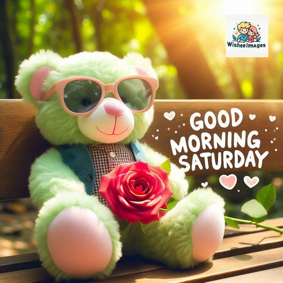 200+ Good morning Saturday free whatsapp images download 131 Good morning Saturday free whatsapp images download A cute teddy bear reclining on a wooden bench An orange flower rests on the bench ()
