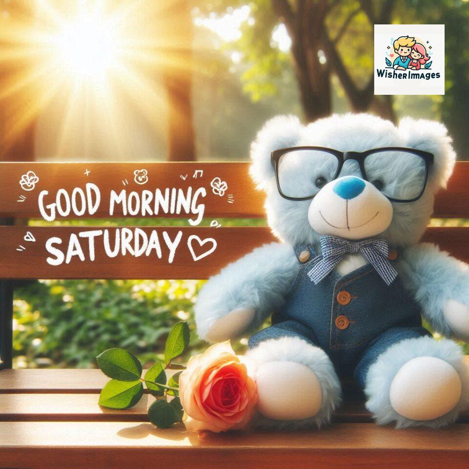 200+ Good morning Saturday free whatsapp images download 92 Good morning Saturday free whatsapp images download A cute teddy bear reclining on a wooden bench An orange flower rests on the bench ()