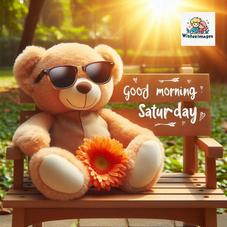 200+ Good morning Saturday free whatsapp images download 29 Good morning Saturday free whatsapp images download A cute teddy bear reclining on a wooden bench An orange flower rests on the bench ()