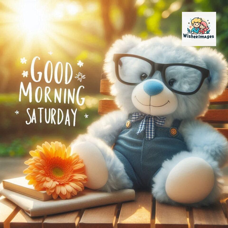 200+ Good morning Saturday free whatsapp images download 79 Good morning Saturday free whatsapp images download A cute teddy bear reclining on a wooden bench An orange flower rests on the bench ()