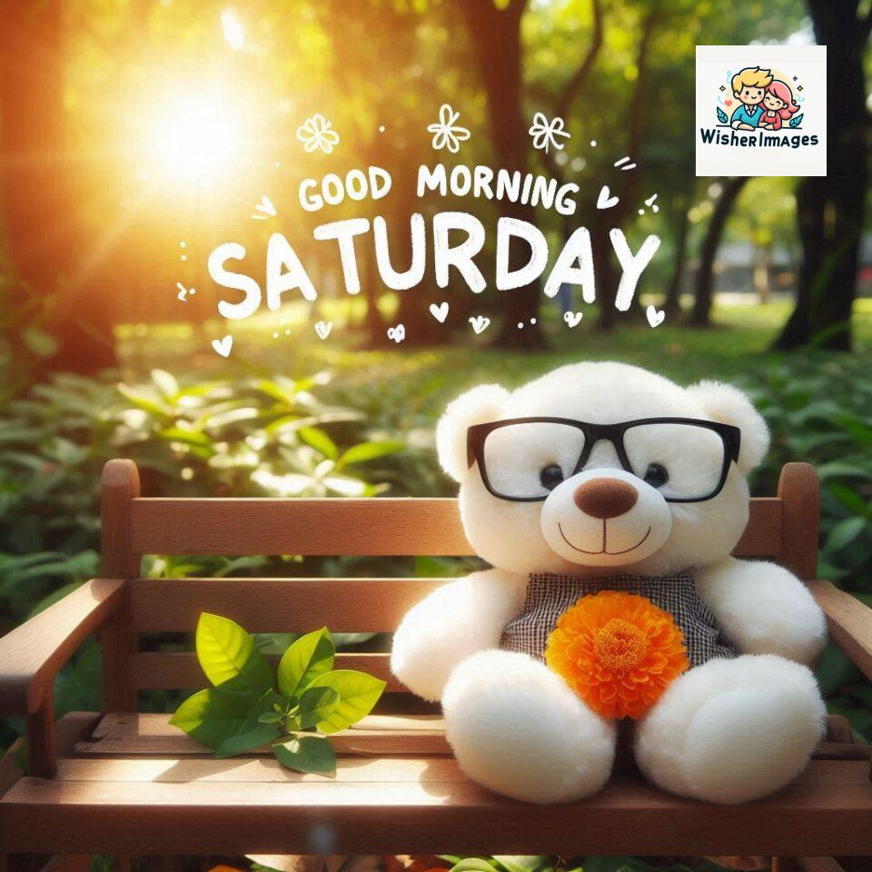 200+ Good morning Saturday free whatsapp images download 17 Good morning Saturday free whatsapp images download A cute teddy bear reclining on a wooden bench An orange flower rests on the bench ()